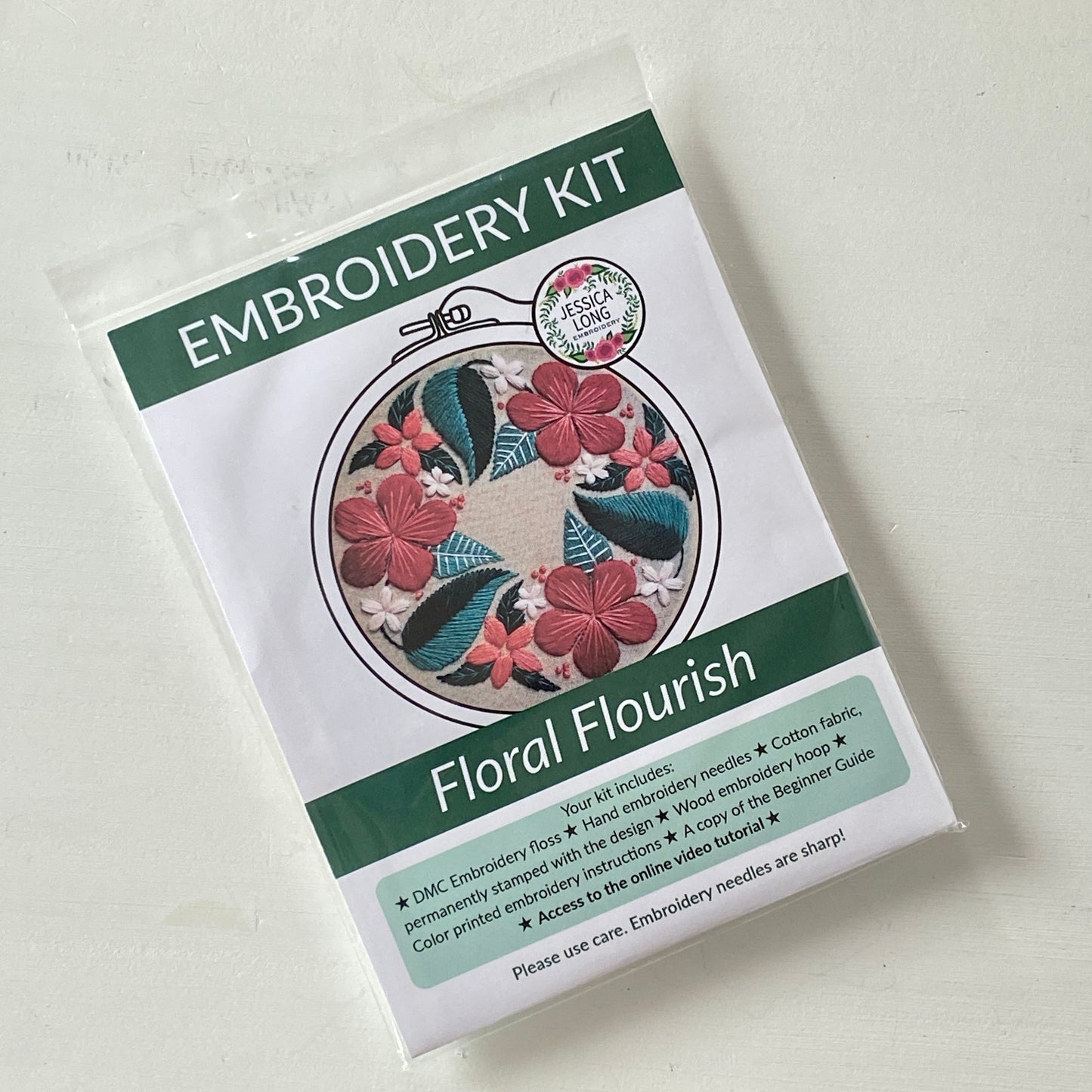 Jessica Long Embroidery - Floral Flourish Beginner Embroidery Kit | Light taupe fabric